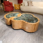 Organic Nesting Coffee Table Set with Natural Burl Veneer and Green Marble Tops